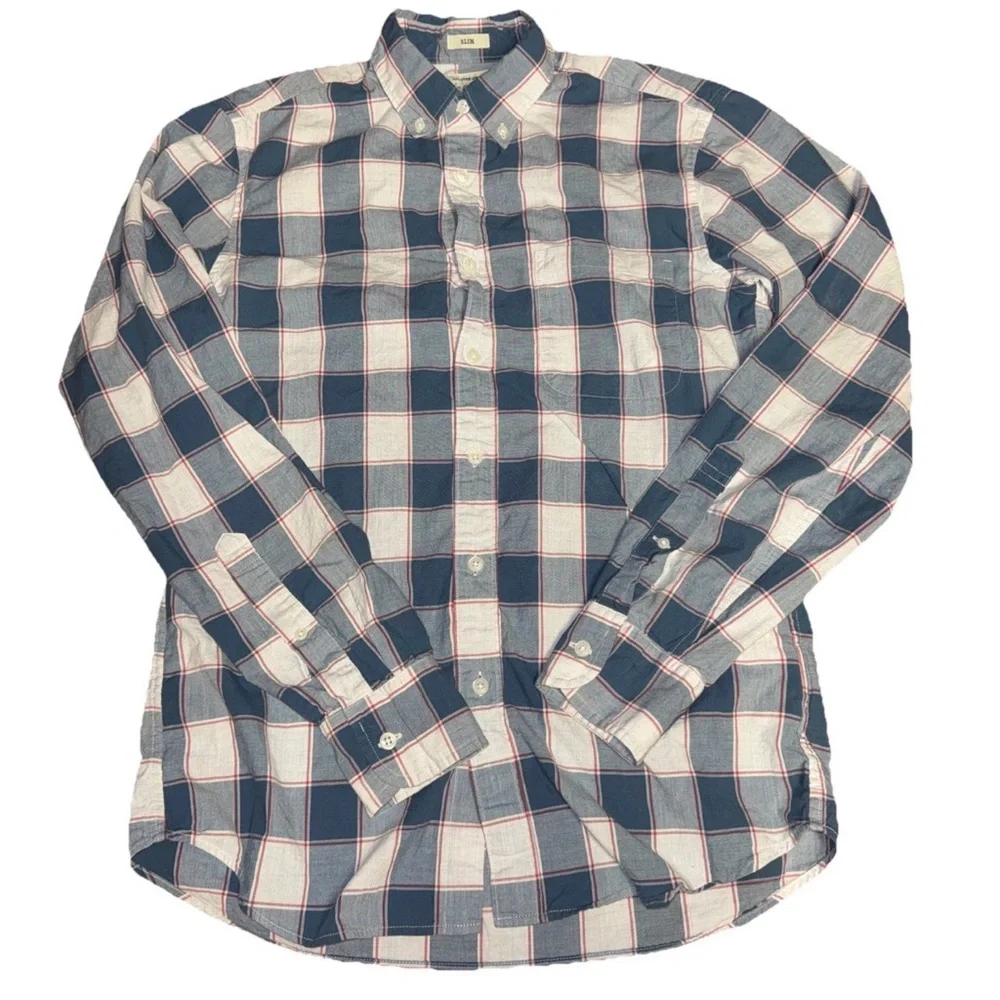100% Cotton Shirting Sewn For J. Crew Slim Small Blue Red Plaid Preppy Academia